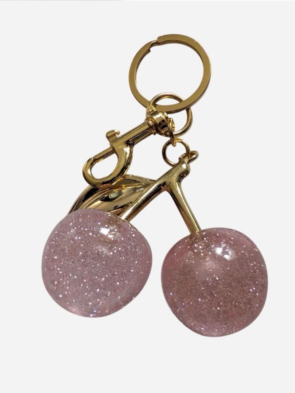 Gold Cherry Keychain with Pink Glitter Charms